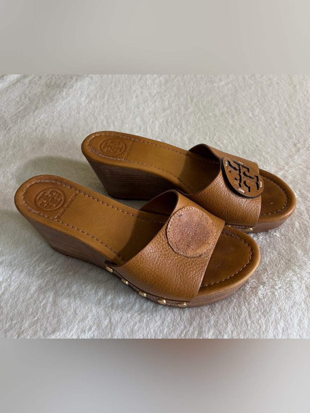 Tory Burch Cognac Leather Logo Wedge Slides Sz 7.5